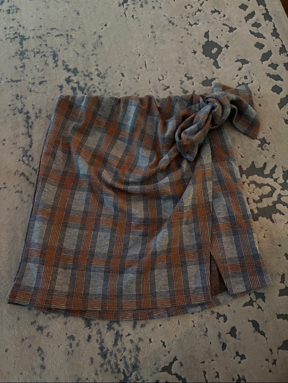 silence + noise Plaid Wrap Mini Skirt in Brown and Gray